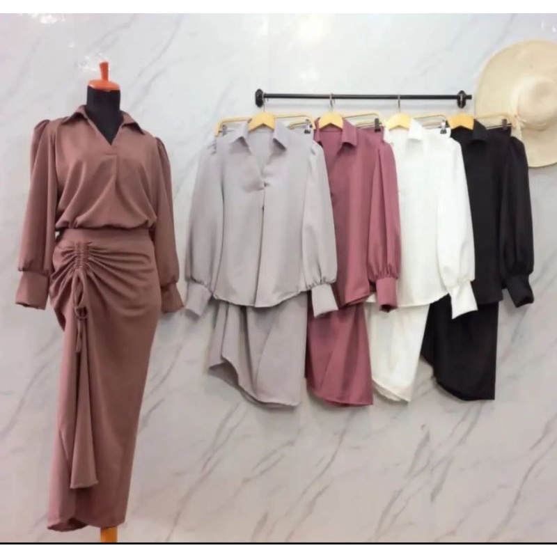 setelan rok / setelan rok kerut /one set polos