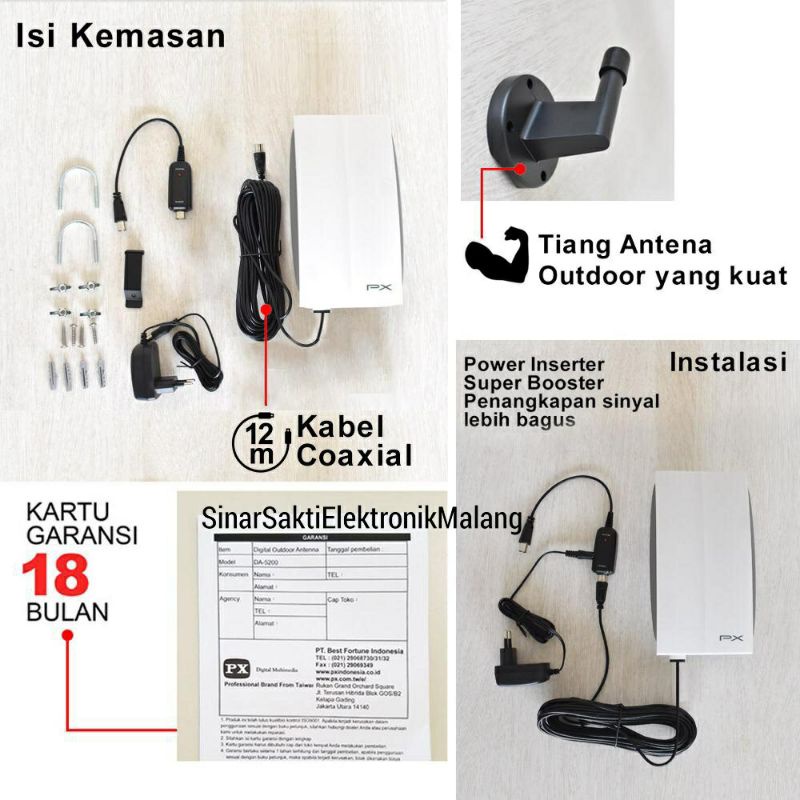 Antena TV Indoor / Outdoor Digital Analog PX DA 5200 Kabel 12M Anten Booster Malang Promo Murah