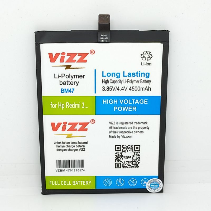 Baterai Batre Vizz Xiaomi Redmi 3 / Redmi 3X / Redmi 3S / Redmi 3Pro / Redmi 4X / BM47 Original Vizz