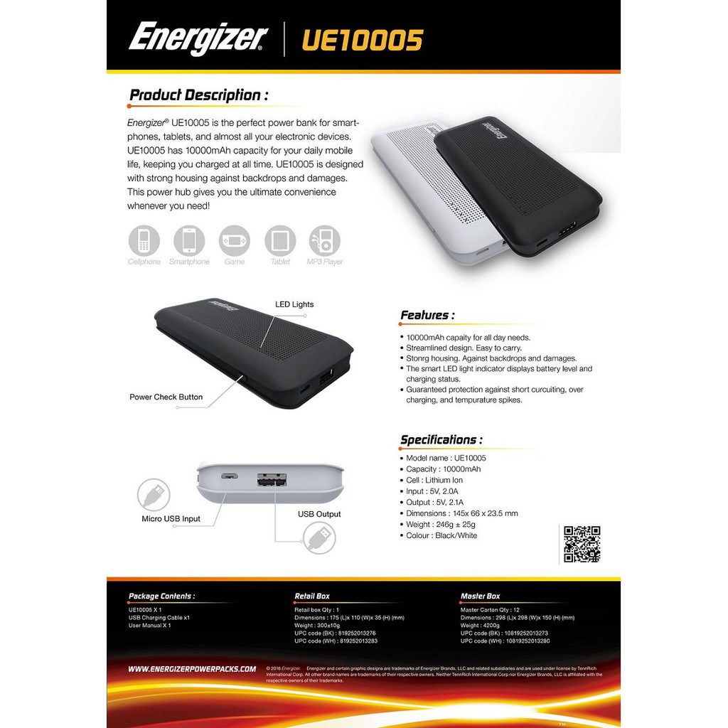 Powerbank Energizer UE10005 Original 10.000 MAh REAL CAPACITY - Hitam