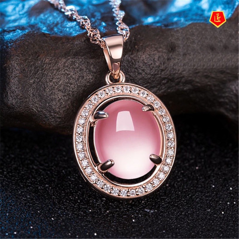 [Ready Stock]Rose Gold Micro-Inlaid Pink Crystal Rose Quartz Pendant Silver Necklace