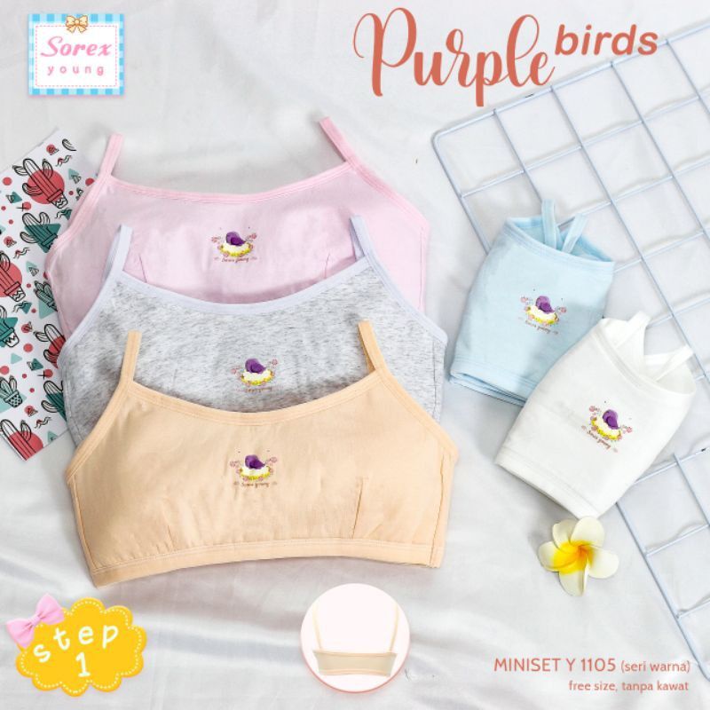 Sorex Young Miniset Anak Remaja Step 1 Freesize Tanpa Kawat Purple Birds BH Y 1105