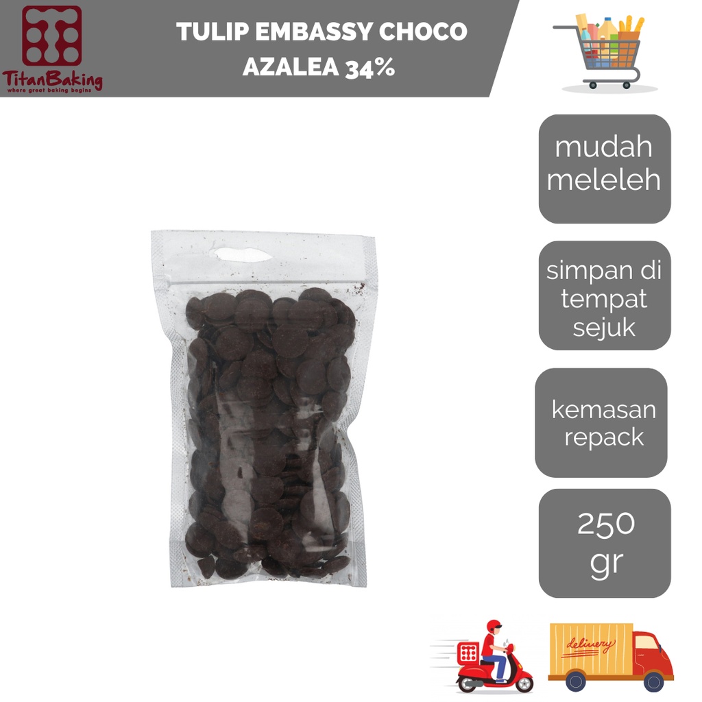 

Tulip Embassy Azalea MIlk Chocolate 34% 250 GR Coklat Couverture Coin