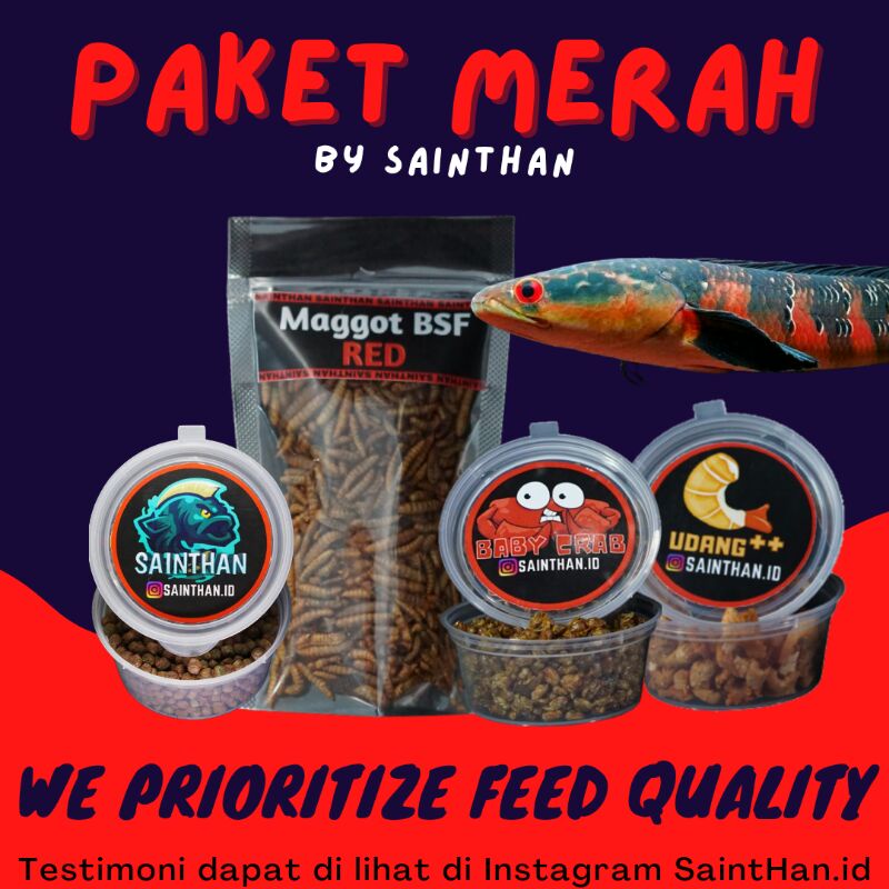 paket merah (maggot, udang, pelet premium, dan baby crab)