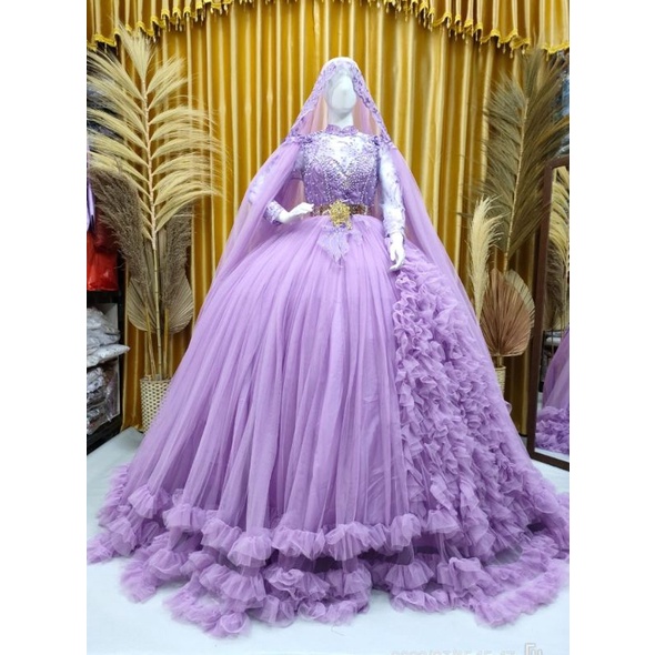 Baju Wanita Busana Pesta Gaun Pengantin Medel Terbaru Warna Lavender Ungu Wedding Dress Muslimah