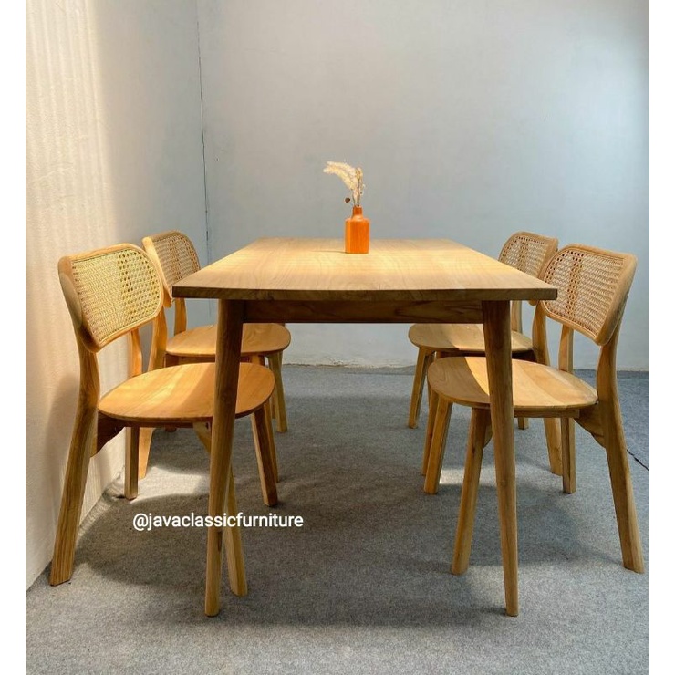 1 SET MEJA MAKAN KURSI ROTAN CAFE MINIMALIS VINTAGE DINNING CHAIR KITCHEN BAHAN KAYU JATI TPK GRADE 