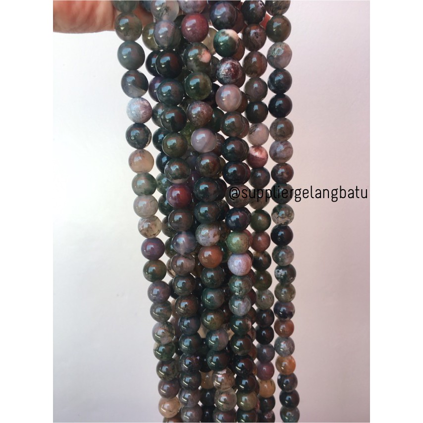 natural india agate batu bloodstone alam akik badar lumut 12mm renceng aksesoris pria wanita formal