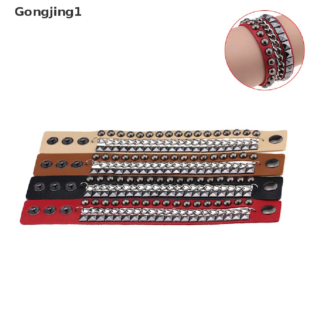 Gongjing1 Gelang Tangan Kulit Lebar Banyak Lapis Aksen Rivetrantai Gaya Gothicpunk Untuk Wanita