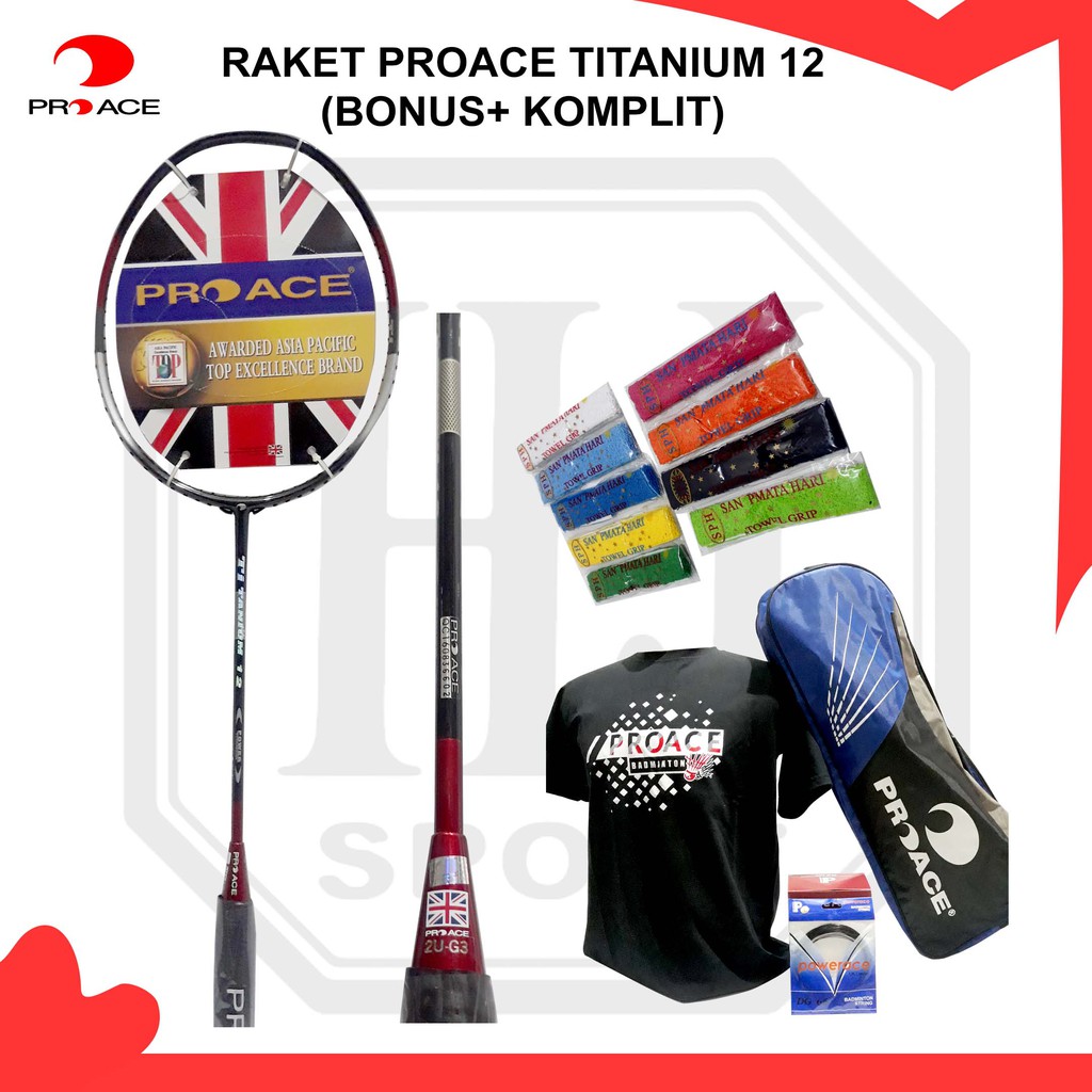 Raket Original Pro Ace Titanium 12 Bonus Komplit Badminton