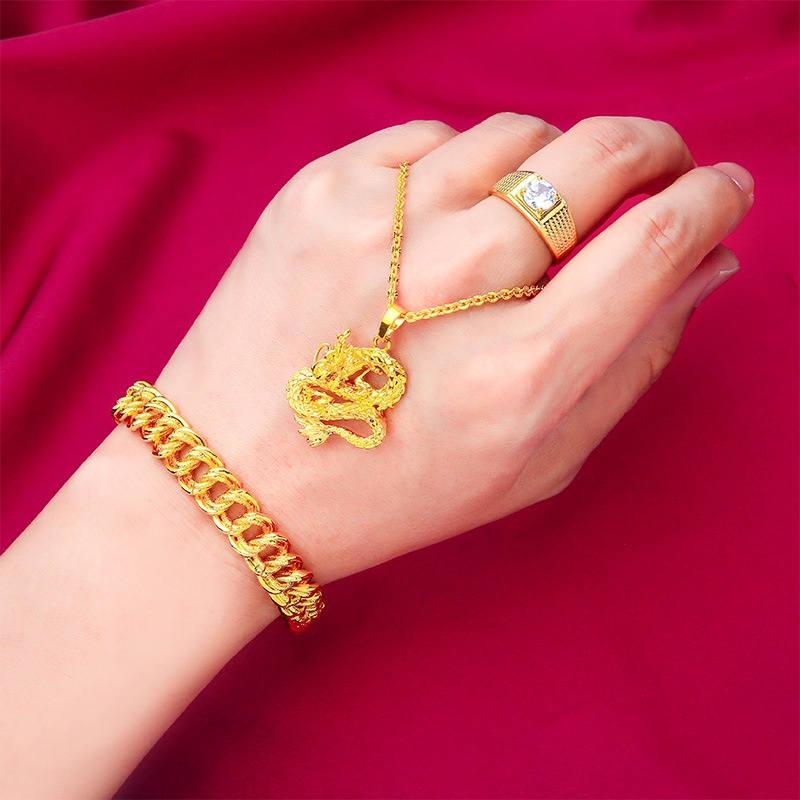 Kalung Liontin Cincin Emas Asli Kadar 375 Motif Naga Aksen Berlian Putih Untuk Pria