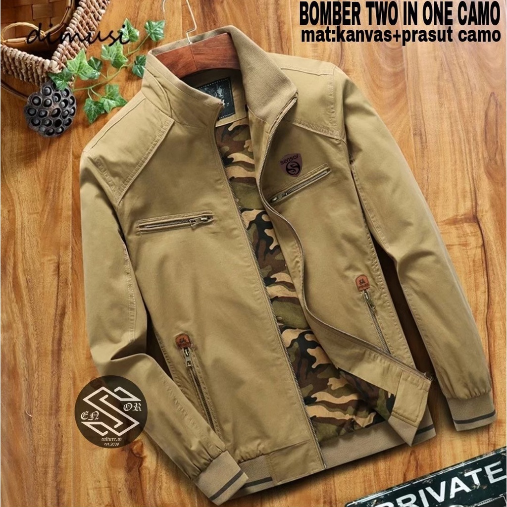 AKN- JAKET BOMBER CANVAS PRIA 2IN 1  / JAKET BOMBER COWOK BOLAK BALIK / JAKET MOTOR PRIA / JAKET BOMBER TEBAL / JAKET BOMBER CANVAS CAMO LORENG ORIGINAL SENSOR