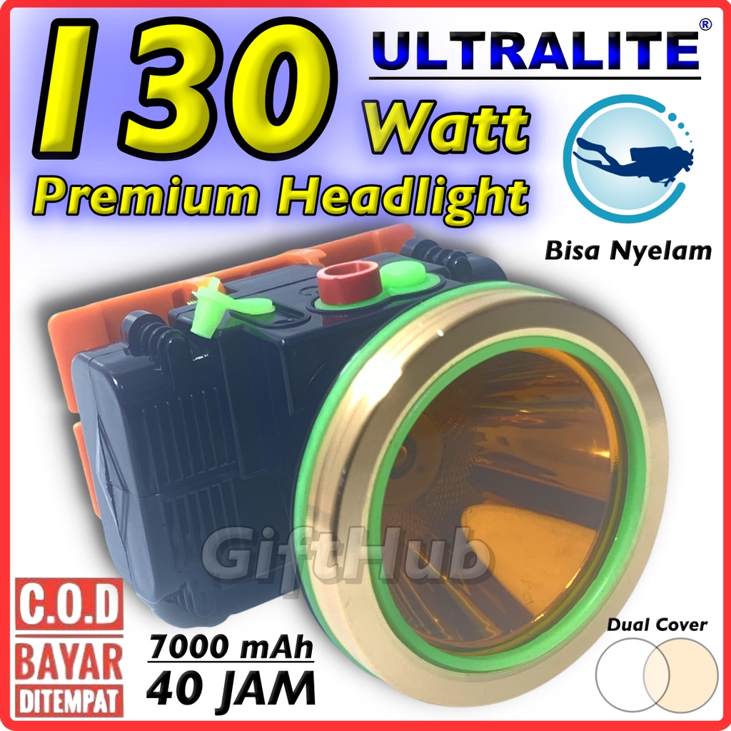 Ultralite Senter Kepala Premium 130w 130 Watt UHL T1305A 130Watt Super LED Baterai Lithium 2pcs Supe