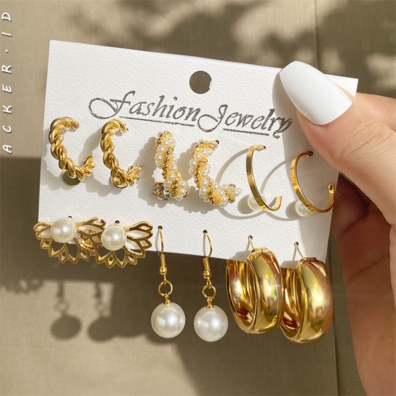 6 Pasang / Set Anting Hoop Liontin Mutiara Bahan Logam Untuk Aksesoris Wanita