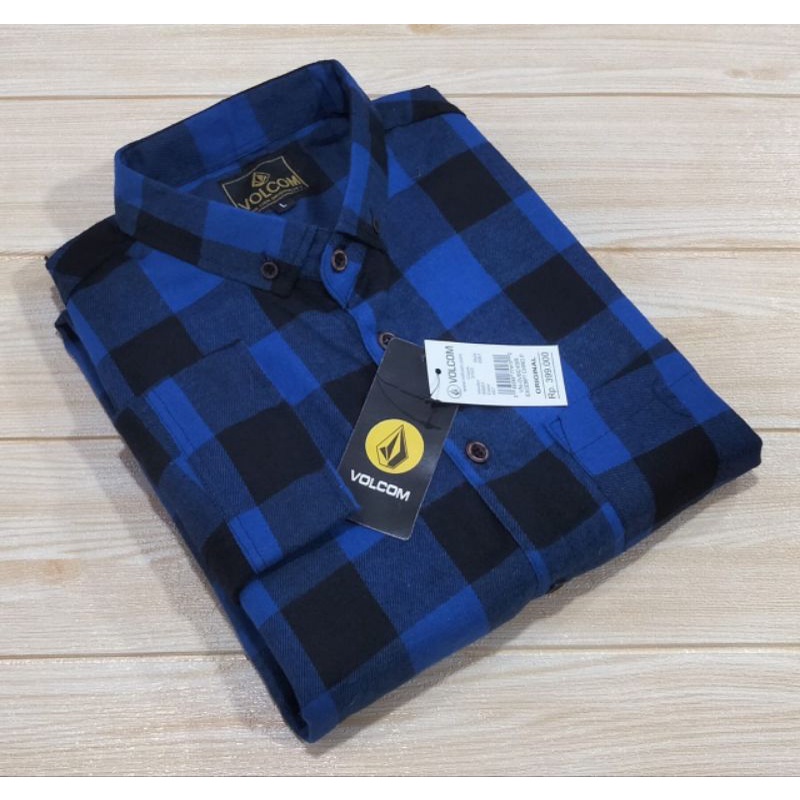 Kemeja Flanel Pria Kotak Biru Hitam Hem Slim Fit Lengan Panjang