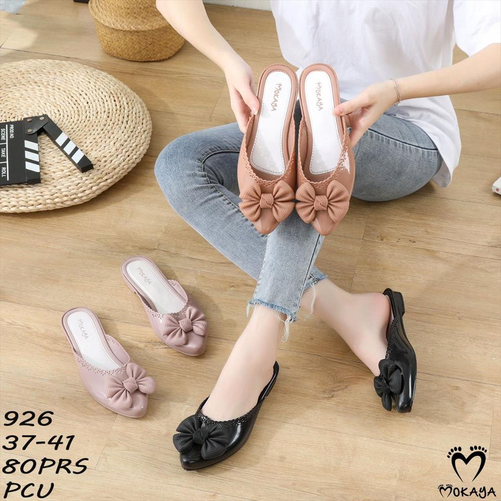 Sepatu Slop Jelly Karet Wanita Pita Polos Mewah Simple Cantik Import Mokaya / Size 37-41 (926-1/926)