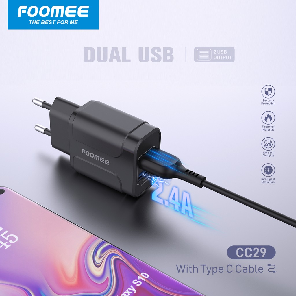 Adaptor Charger fast Charging 2.4A FOOMEE CC29 Charger Dual Port USB