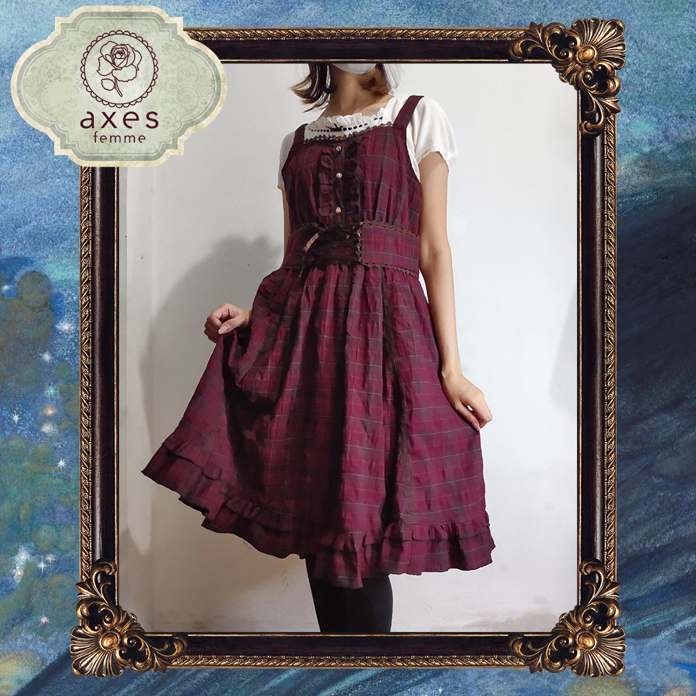 Axes Femme Maroon Plaid Tartan JSK Dress Import Jepang Gothic Lolita Kawaii Korea Style Branded Alt 