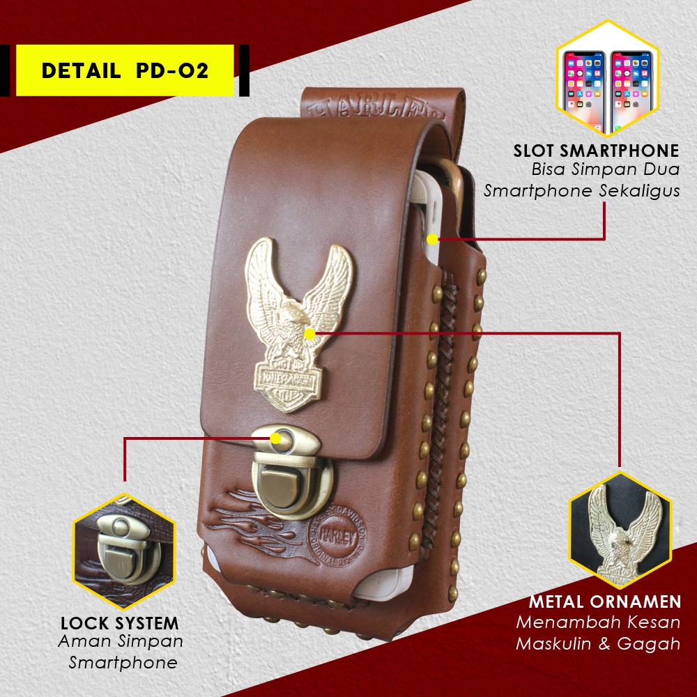 dompet hp Pinggang Pria Harley Davidson Double Slot Kulit Sapi Asli - PD02