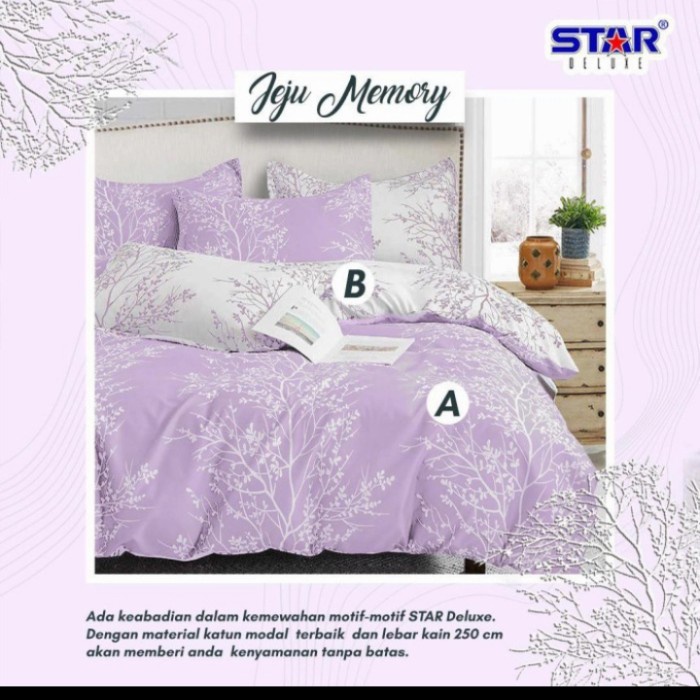 Set Bedcover Sprei Katun Lokal Motif Jeju Ungu Uk 180X200 160X200 - 160X200X20 Barang Bagus