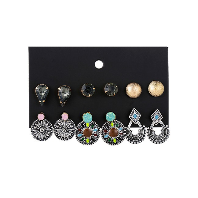 LRC Anting Set Fashion Silver 6 Pairs Of Alloy Drop Oil And Diamond Stud Earrings F37648