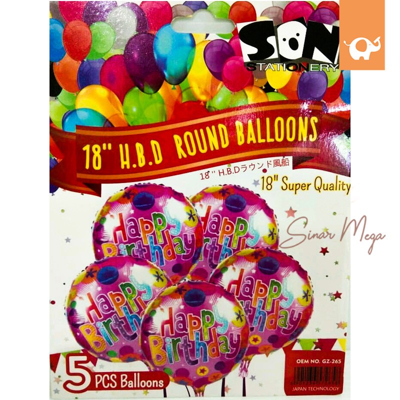 

Balon Foil Bulat 18 Inch HBD Round Balloons (Isi 5 Pcs)