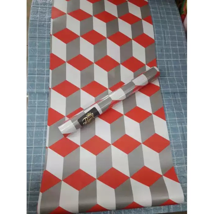 WALLPAPER DINDING STIKER MOTIF KUBUS MERAH 3 DIMENSI UKURAN 10M X 45CM