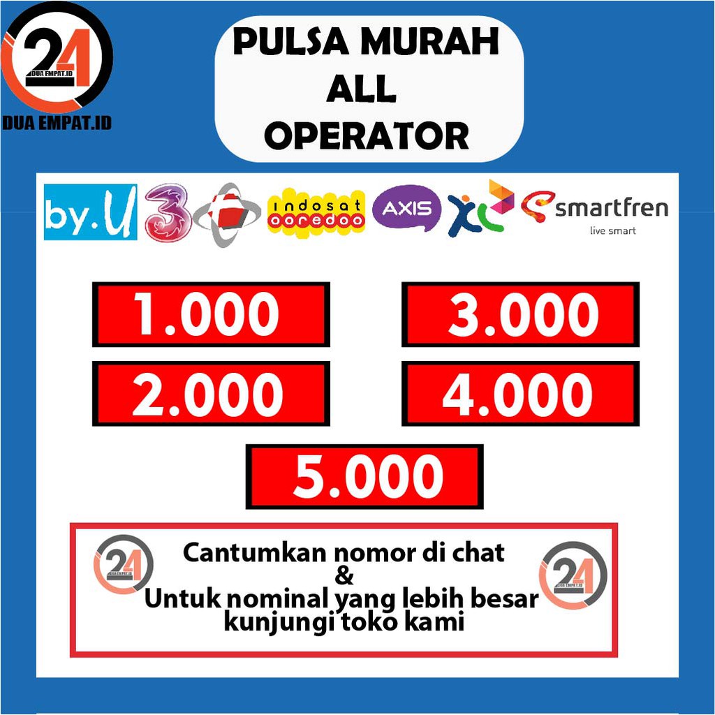 Pulsa All Operator Murah 1k 2k 3k 4k (INDOSAT, TRI, TELKOMSEL, AXIS, BY.U, XL, SMARTFREN)