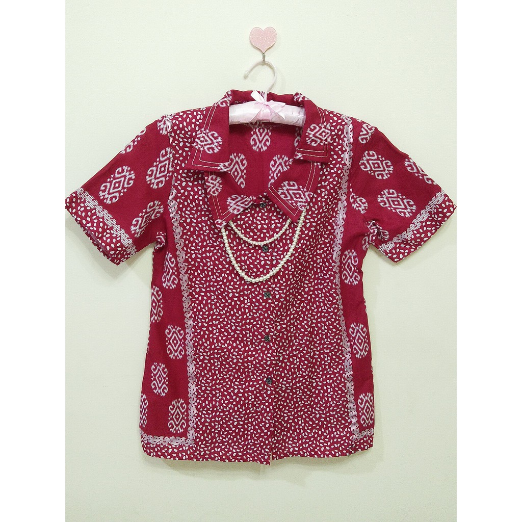 Kemeja Batik Wanita/Baju Batik/Baju Kerja- Blouse Kerah Tumpuk Red B3008