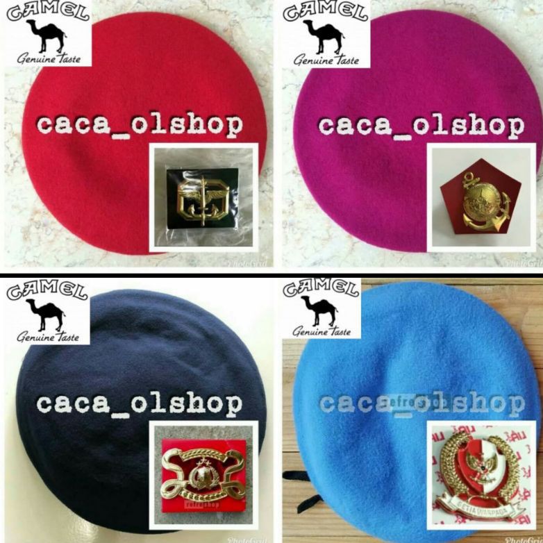 BARET CAMEL 100% PUREWOOL + EMBLEM KOPASUS MARINIR BRIMOB PASPAMPRES