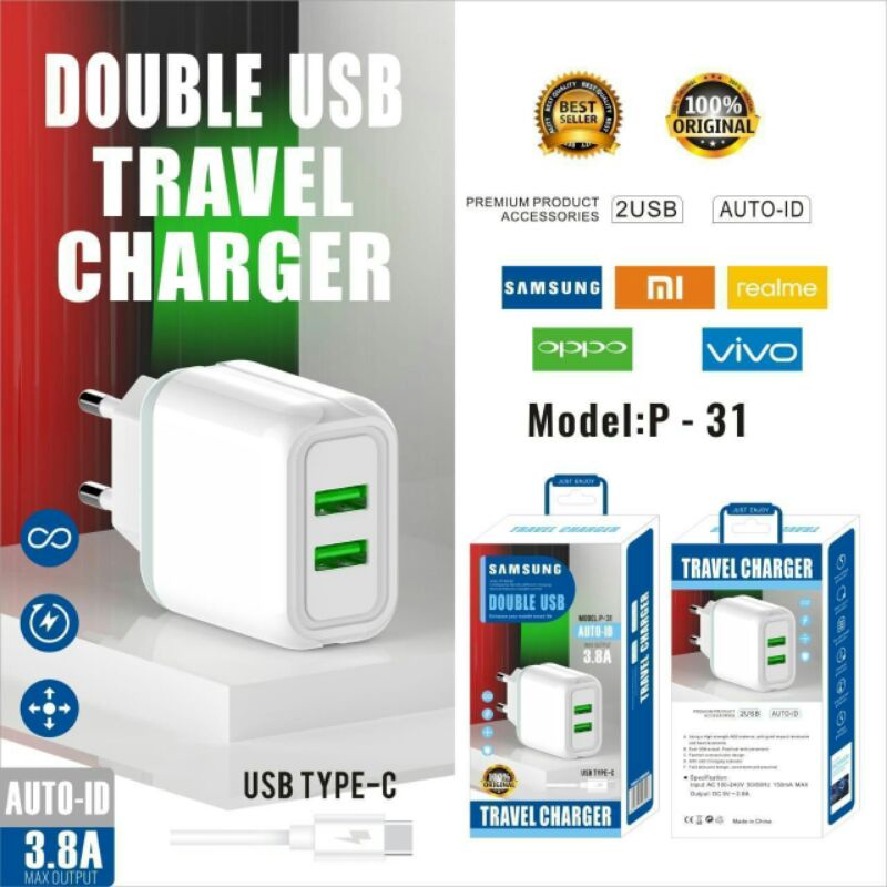 Charger /charging cas hp double usb AUT - ID 3-8 Travel Adaptor charger /charging type c/type micru