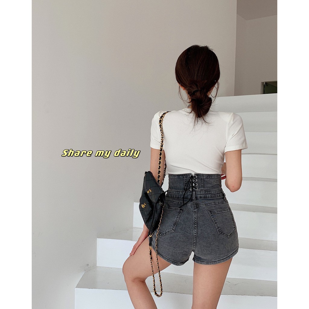 Retro Peregangan Pinggang Tinggi Celana Pendek Denim Wanita Baru Dicuci Slim Fit Slimming Hot Hip Ce