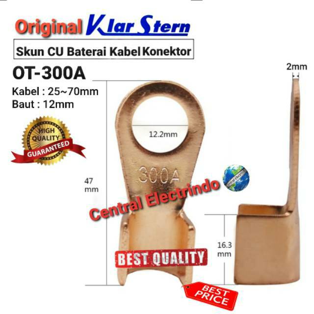 Skun Kabel CU KlarStern OT-300A Kabel 25~70mm Baut 12mm Baterai Kabel Konektor.