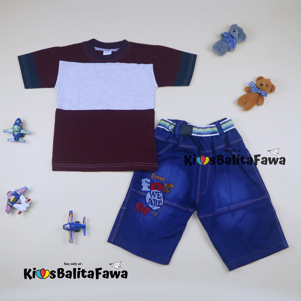 Setelan Salur Jeans uk 3-5 Tahun / Kaos Celana Jeans Anak Cowok Pendek Baju Anak Laki Murah Pakaian