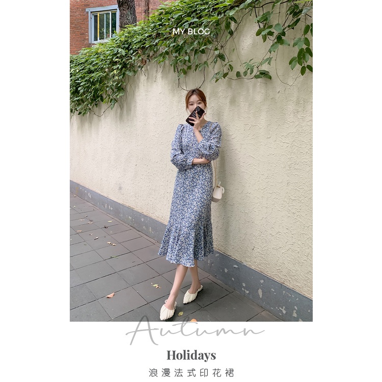 KTR  AIMEI Biru fishtail floral dress wanita 2021 baru Perancis lengan panjang gaun V-neck