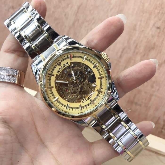 JAM TANGAN PRIA ROLEX AUTOMATIC SKELETON SILVER GOLD (GOLD)