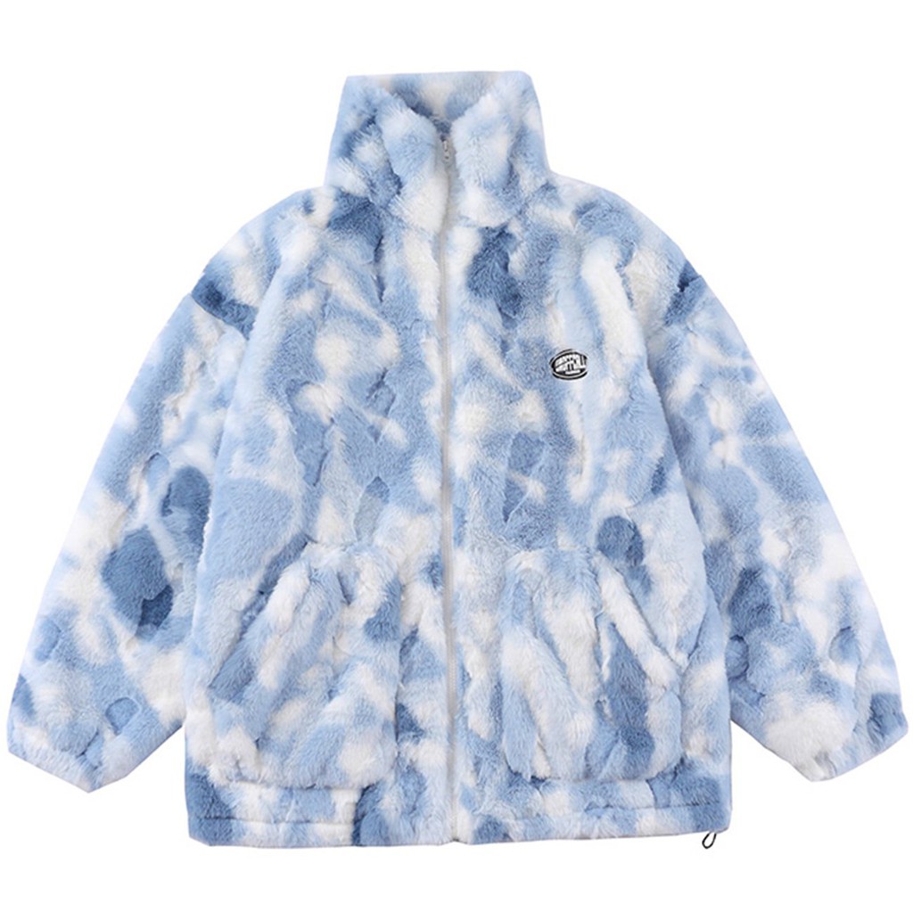 LACIBLE Winter Coat Men Women Flannel Sherpa Jacket Coat Streetwear Tie Dye Zipper Parka Jacket Cott