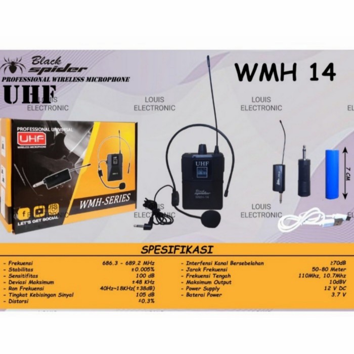 DISTRIBUTOR MIC/MICROPHONE WIRELESS BANDO HEADSET BLACK SPIDER WMH 14