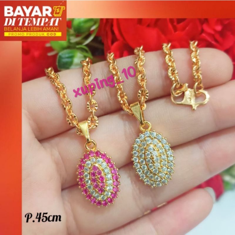 Kalung Set Dewasa oval full permata nuansa permaisuri,Emas tidak karat