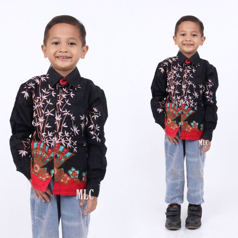 Kemeja Batik Anak Lengan Panjang Motif Kipas Merah