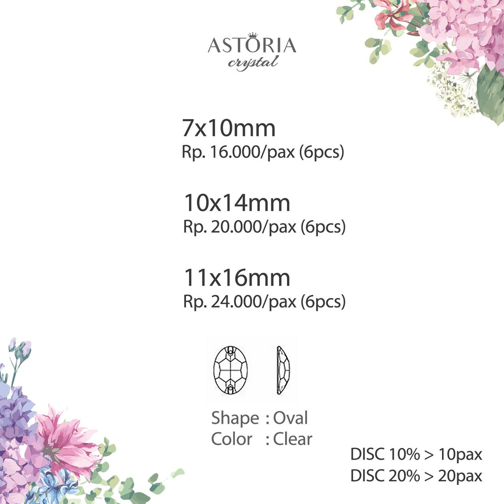 Astoria kristal jahit kaca bentuk oval kode 3OAA/C