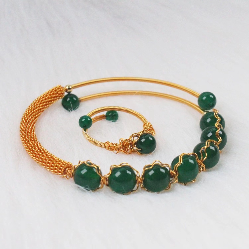 Monica Ice Emperor Chrysoprase Gelang 14K Dibungkus Tangan Dikepang Cincin Gelang Set Pacar Seri