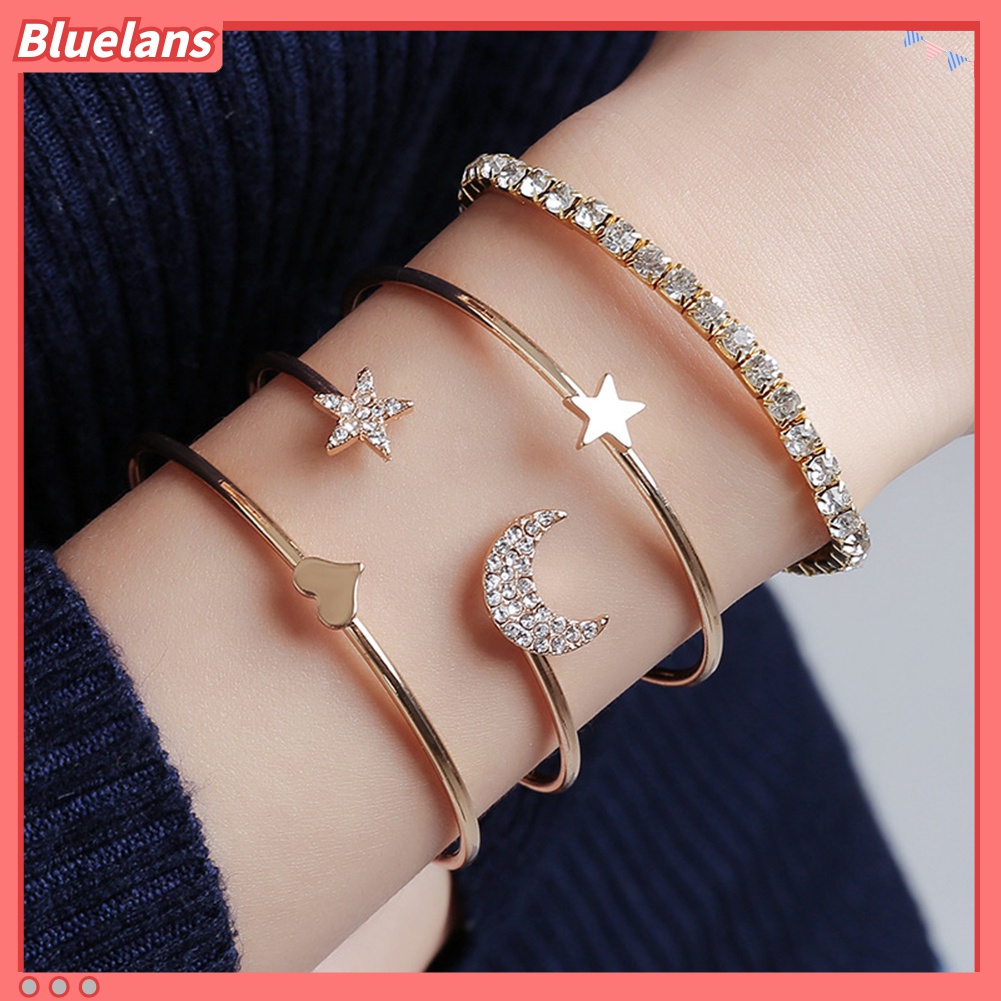 4pcs / Set Gelang Bangle Desain Bulan Bintang Hati Aksen Berlian Imitasi Untuk Wanita