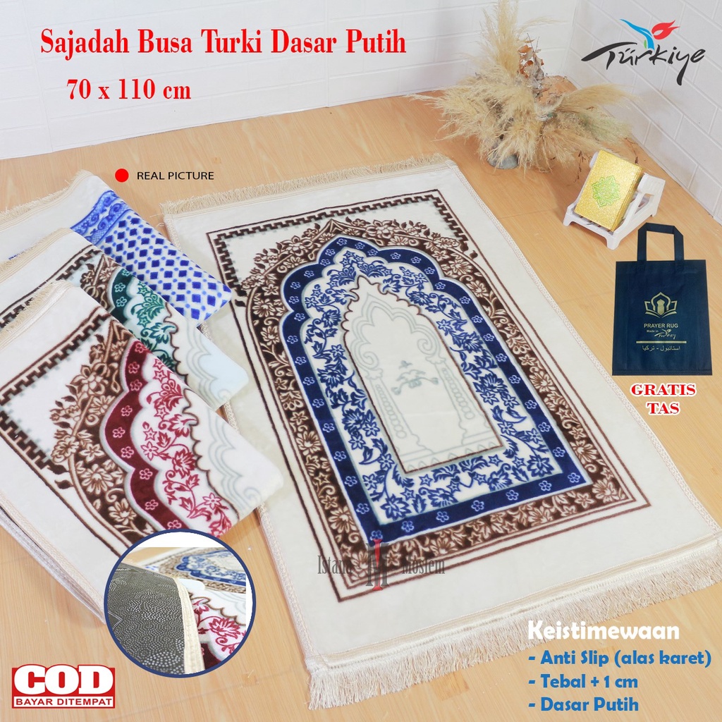 Sajadah Turki Premium Busa Tebal Empuk Warna Putih Mewah Terbaru