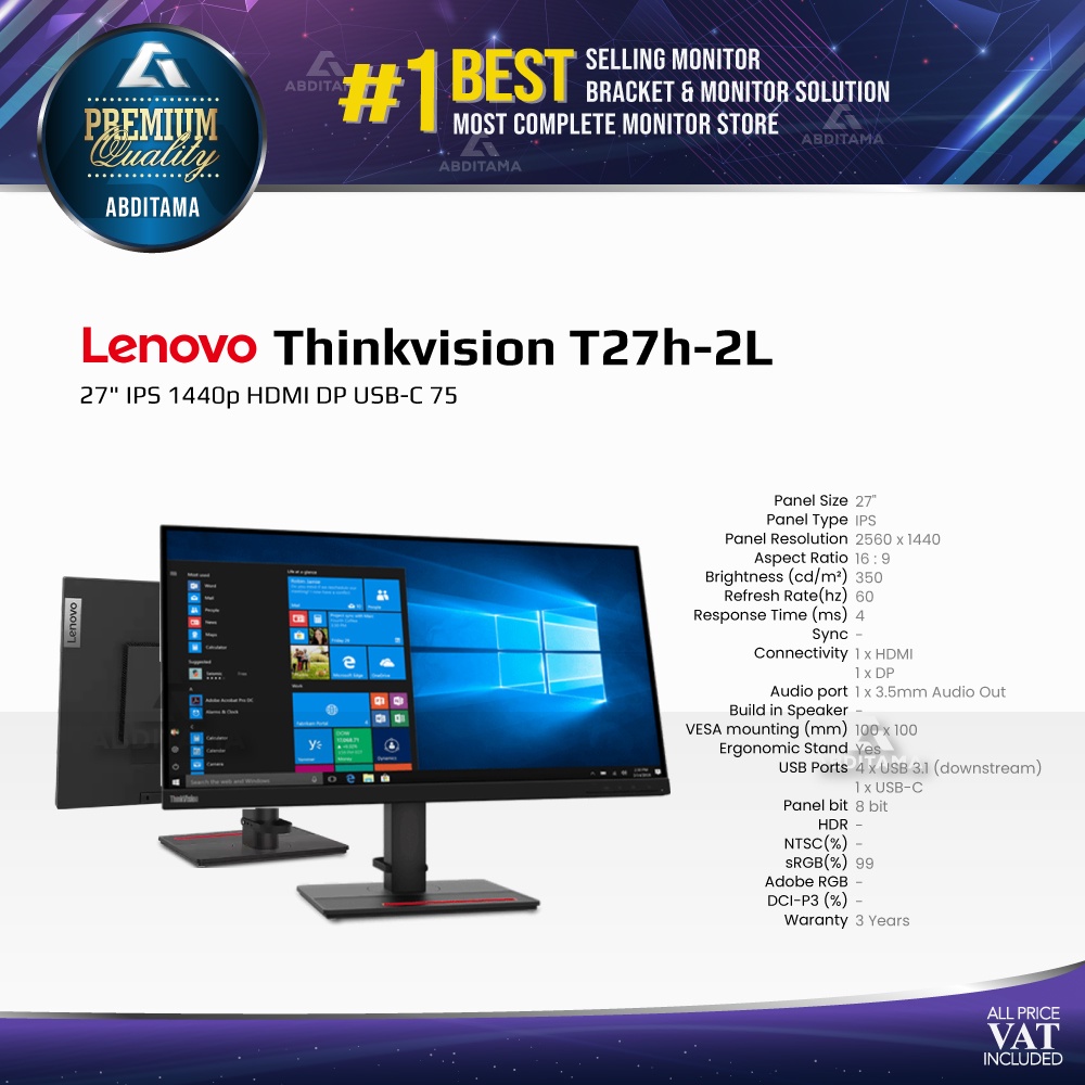 Monitor LED Lenovo Thinkvision T27h-2L 27" IPS 1440p HDMI DP USB-C 75w