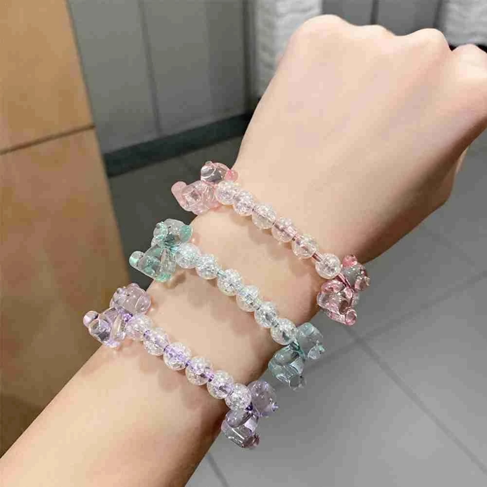 Women Korean Ins Cute Candy Color Cartoon Bear Crystal Beads  Bracelet Hair bands / Ladies Elastic Simple Elastic Hair Ties