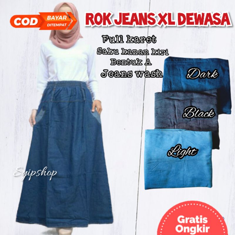 ROK WANITA PANJANG JEANS POLOS DENIM MURAH!! bawahan rok panjang jeans model Line A pinggang full karet-2