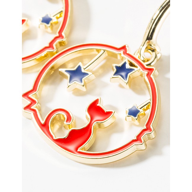 LRC Anting Tusuk Fashion White S925 Silver Needle Alloy Drop Oil Circle Stars Kitten Earrings D10397