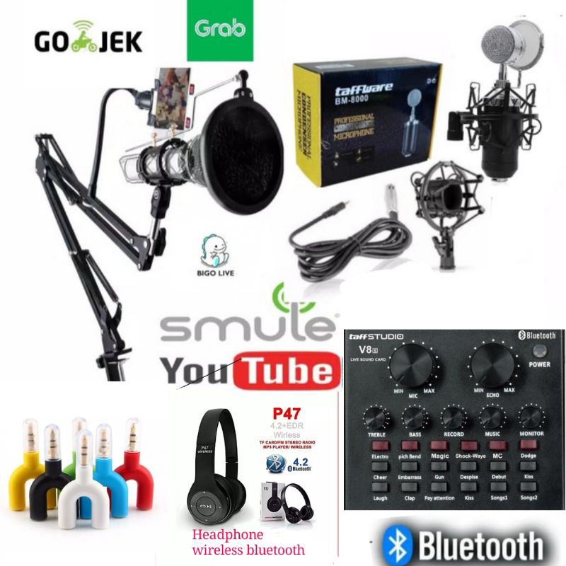 PAKET Lengkap Microphone Condenser BM 8000 Headphone Wireless Bluetooth P47