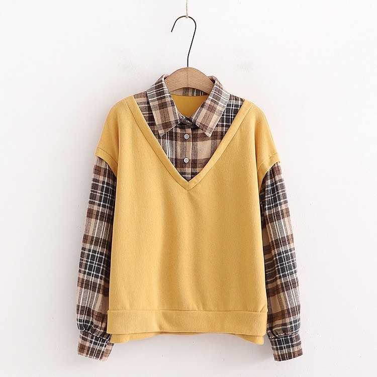 Wafel Top Flanel Premium Atasan Muslim Blouse Kemeja Wanita Remaja Korean Style-MUSTARD