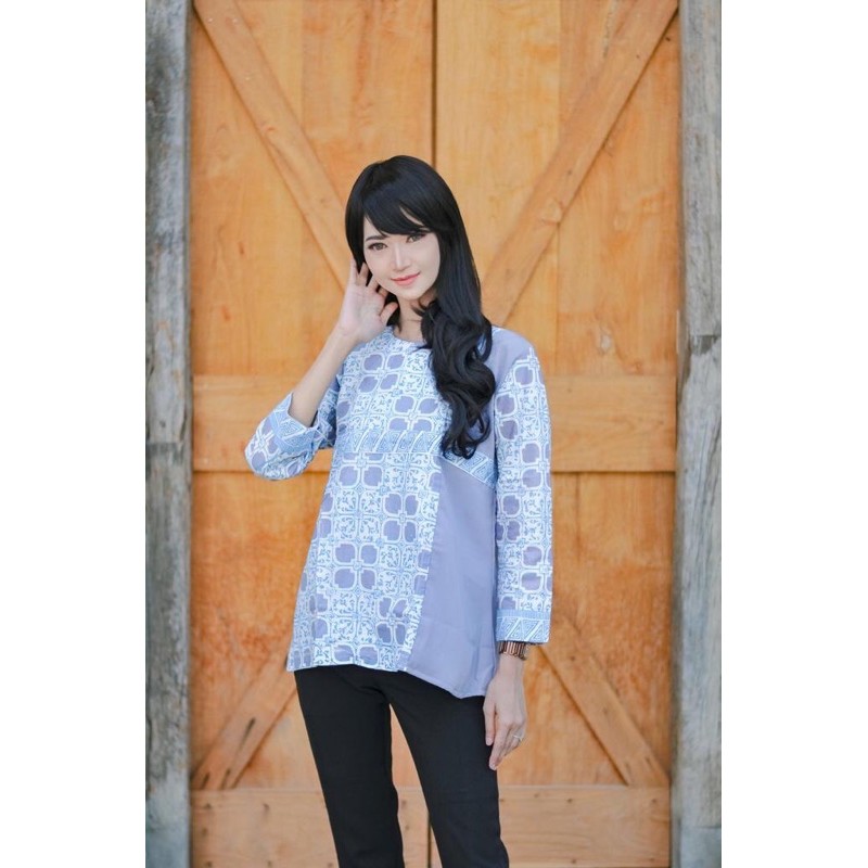 BLOUSE BATIK INDIGO KOMBINASI POLOS MURAH BERKUALITAS BATIK PEKALONGAN LENGAN PANJANG
